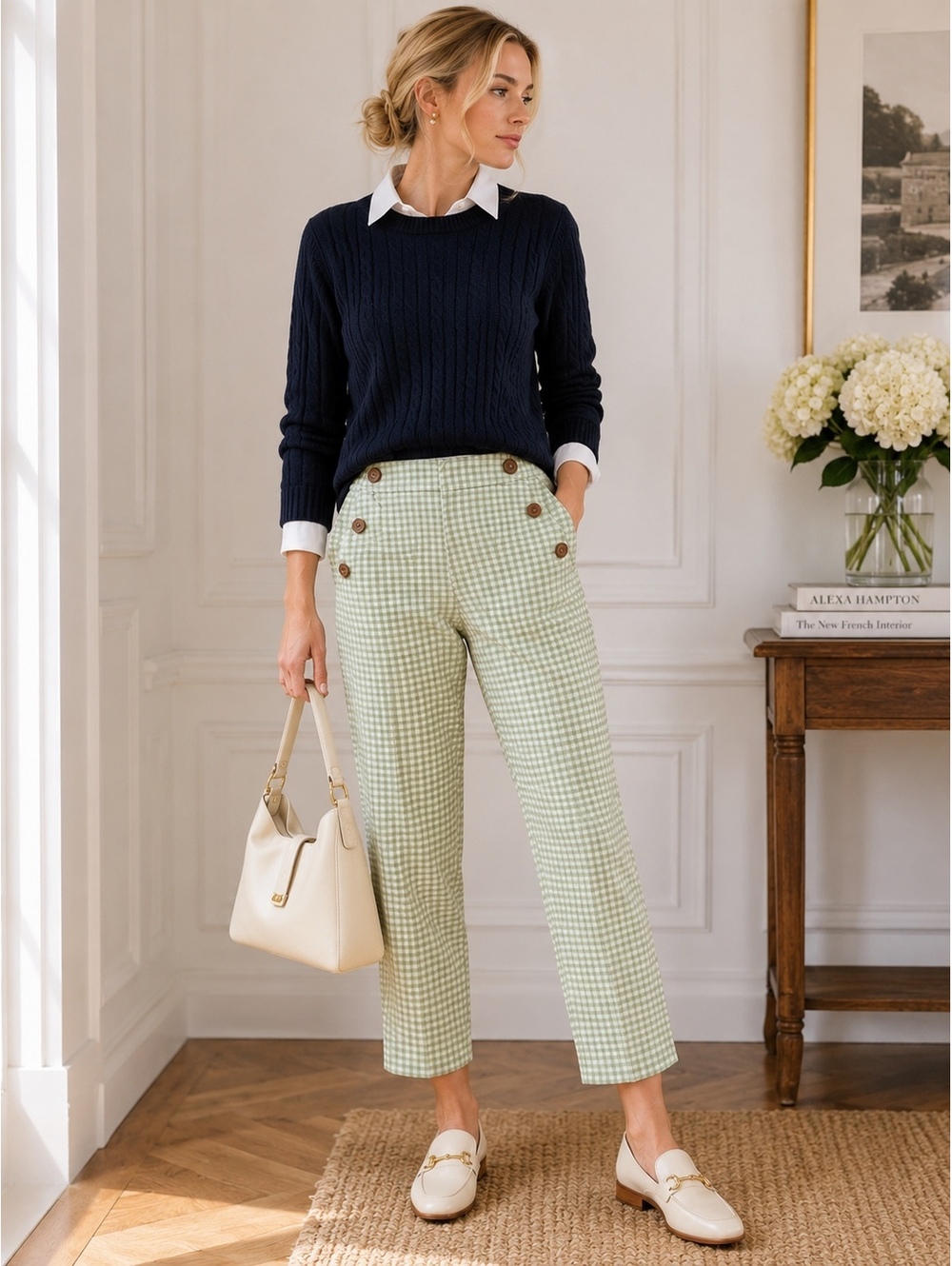 Zara Gingham High Rise Ankle Pants S Elastic Waist Old Money Coastal CBK Small